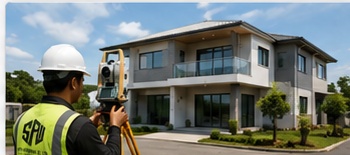 Surveyor carrying out an as-built survey beside a completed building